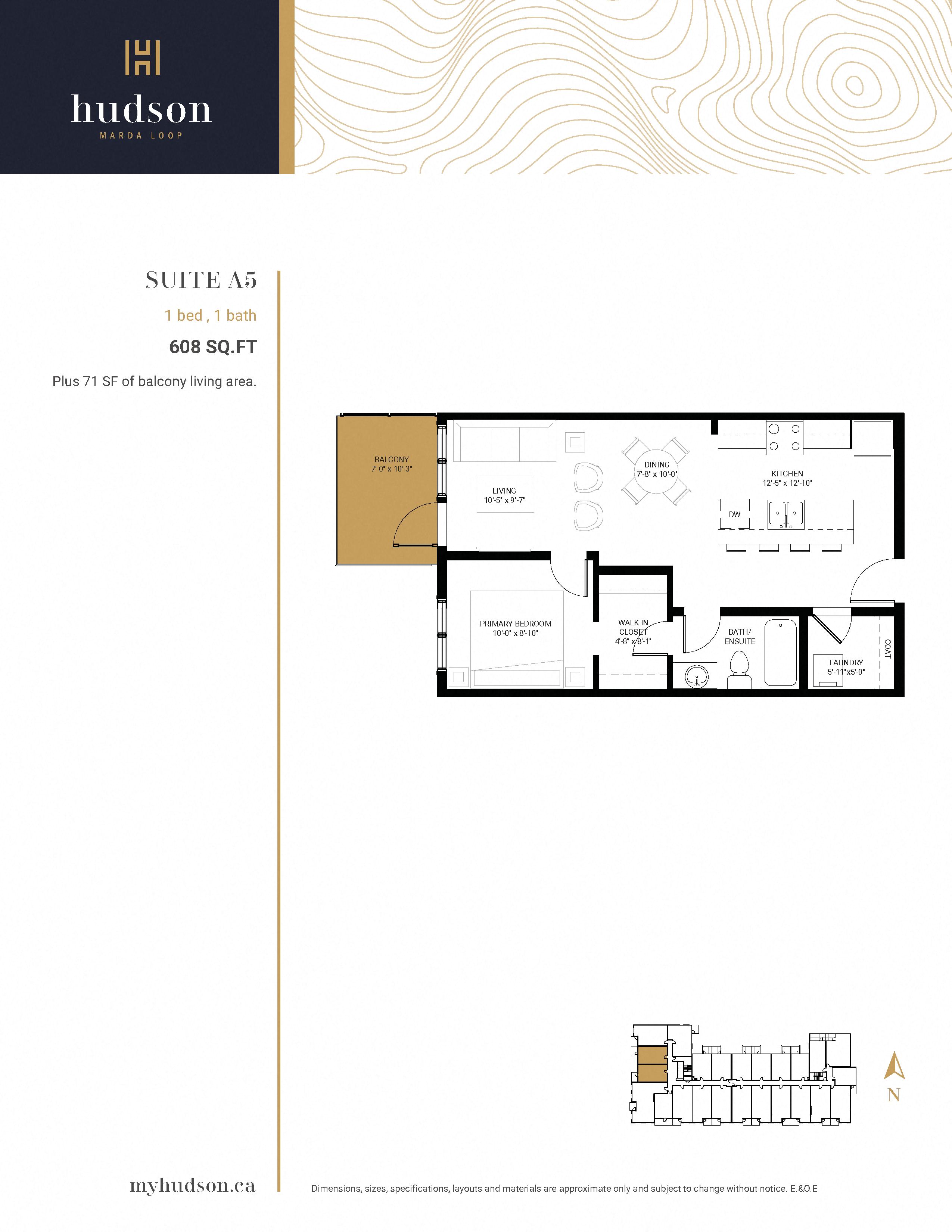 Floor plan for 1 bed, 1 bath, 608 sqft